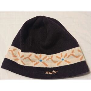 Vtg SWIX 100% Wool Made Canada Brown Flower Pattern Winter Gear Ski Beanie